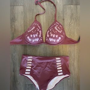 Two piece high waisted pink swim suit